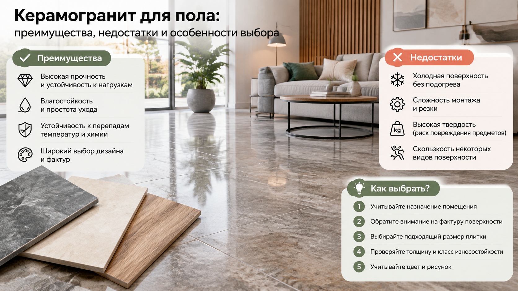 Керамогранит для пола: преимущества, недостатки и особенности выбора